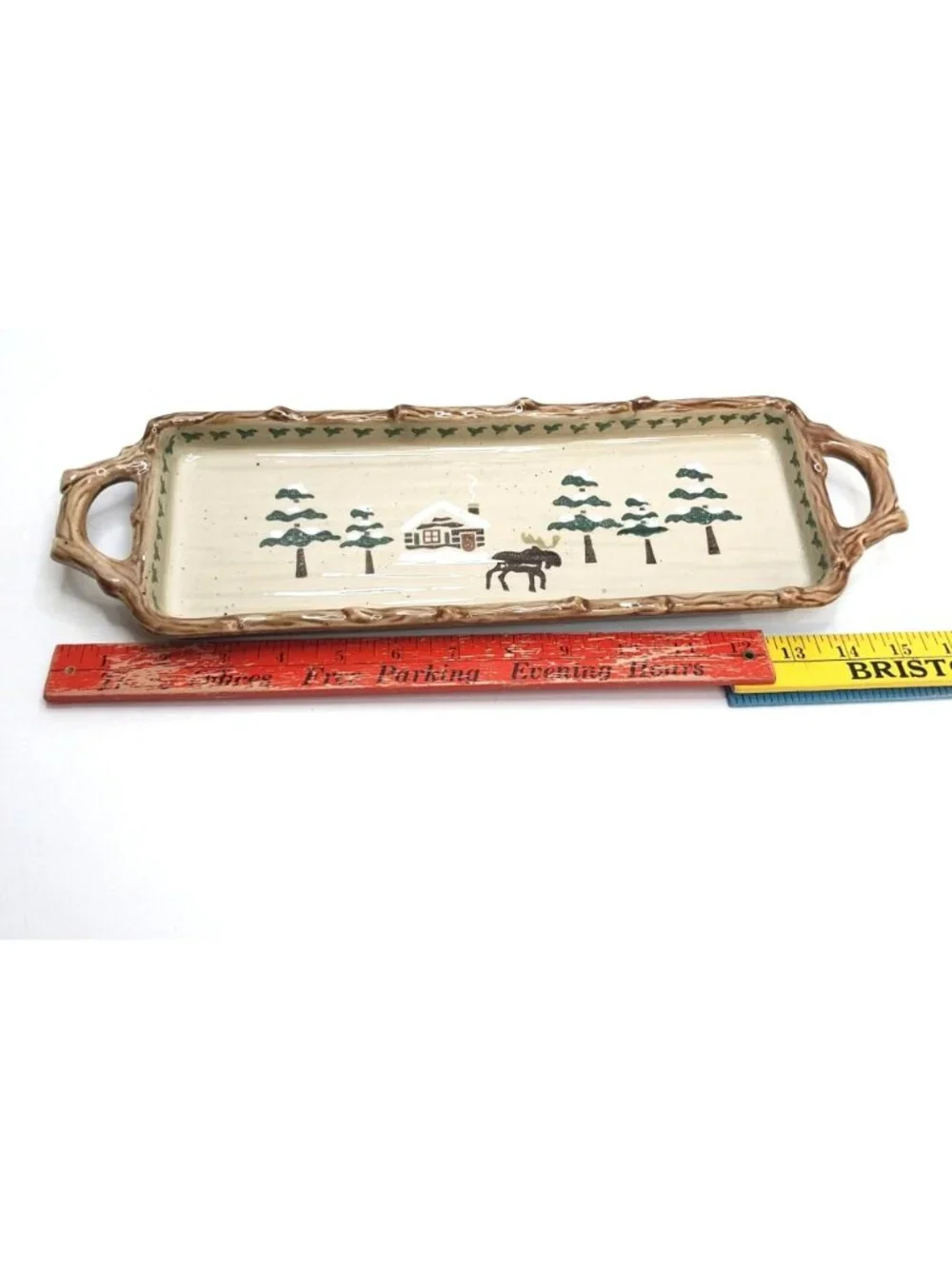 Sonoma Lodge Ceramic Serving Tray With Rustic Handles Cabin Moose 15.5